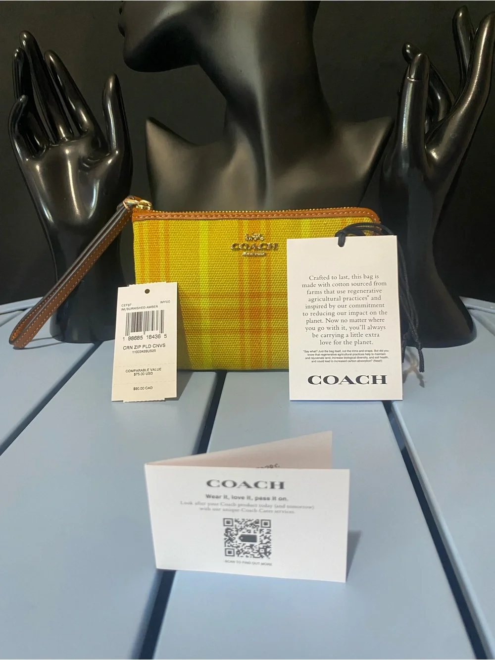 NWT Coach Yellow Plaid Wristlet Wallet